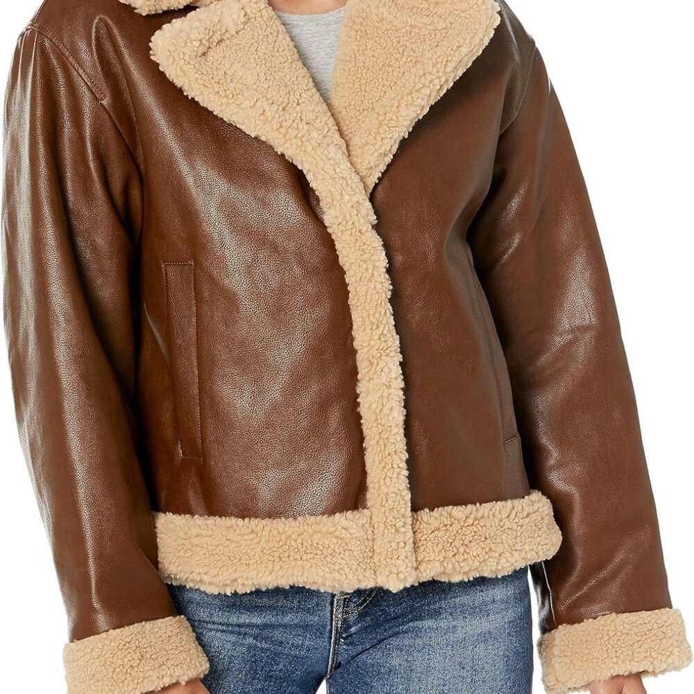 Levi's Women's Brown Sherpa Faux Leather Classic‎ Moto Jacket Size Small